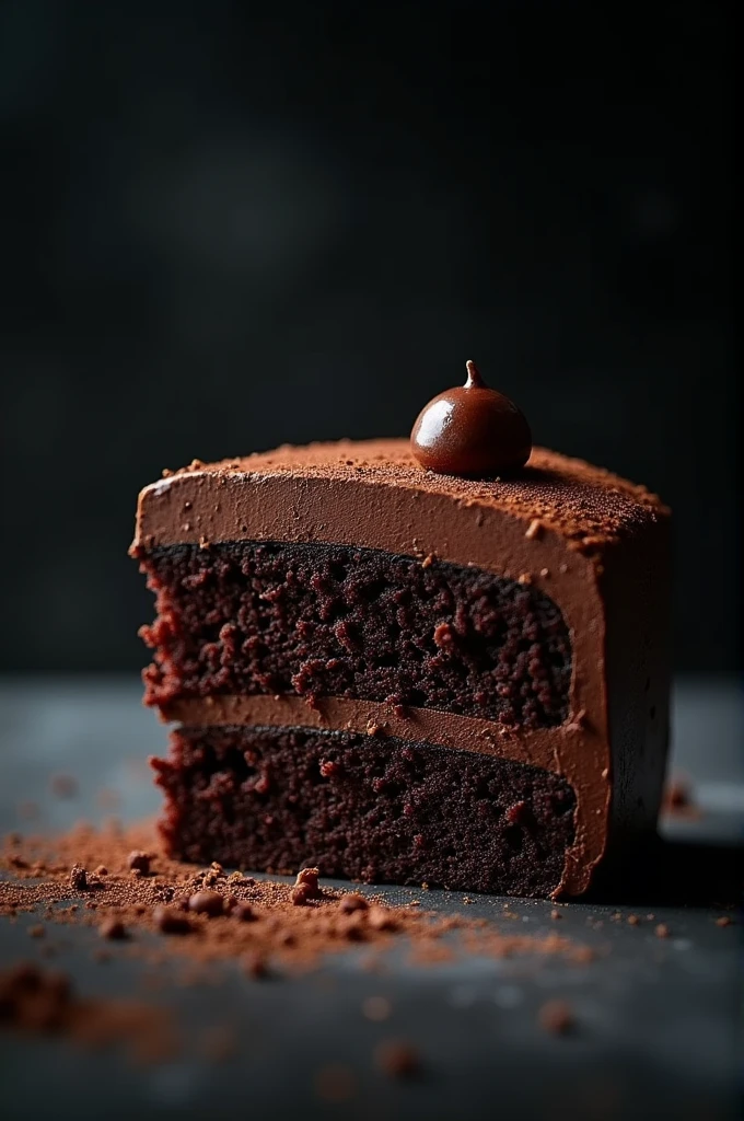 cinematic film still chocolate, chocolate cake, dark background, quality photo, moist texture, frosting, studio photo, slice . shallow depth of field, vignette, highly detailed, high budget, bokeh, cinemascope, moody, epic, gorgeous, film grain, grainy