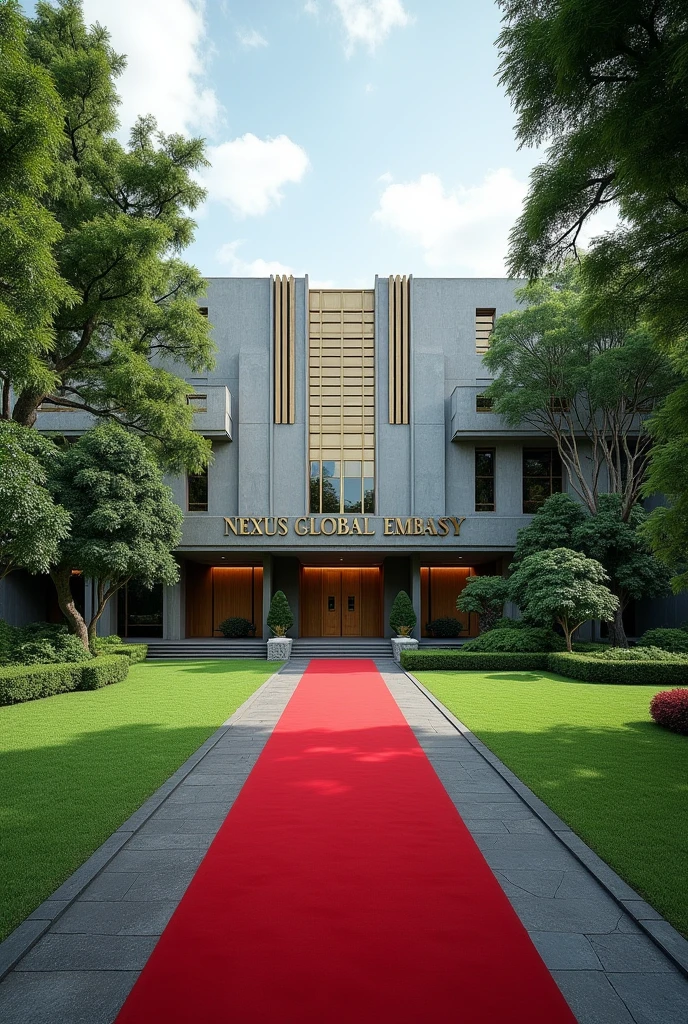A wonderful and luxurious building, it's on it's own with large compound with trees and Grass with Singaporean architecture and the words Nexus Global Embassy fully exposed on the building separate concrete with red carpet on the entrance with a good full view and angle .Expose the words Nexus Global Embassy on the concrete fully I can't see the words and the driveway the spelling is wrong