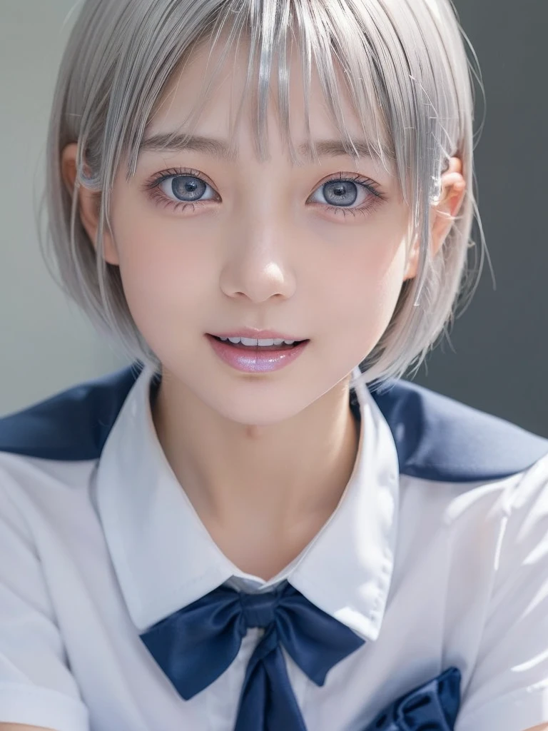 NSFW,(A portrait of a young cutie beautiful girl in school uniform:1.5), with a bright expression, glowing white skin,break,shimmering cheek, small face,(best looks:1.5),break,(silver short hair:1.75),break,(shimmering clear alluring bright large pale blue eyes,downturned eyes,charming eyes,balanced eyes,eyeliner,charming smile,perfect bust:1.25),masterpiece,photorealistic, 16k, high quality, masterpiece,realistic portrait,high resolution fix,(Ecstasy,Orgasm face,sexual climax:1.25)
