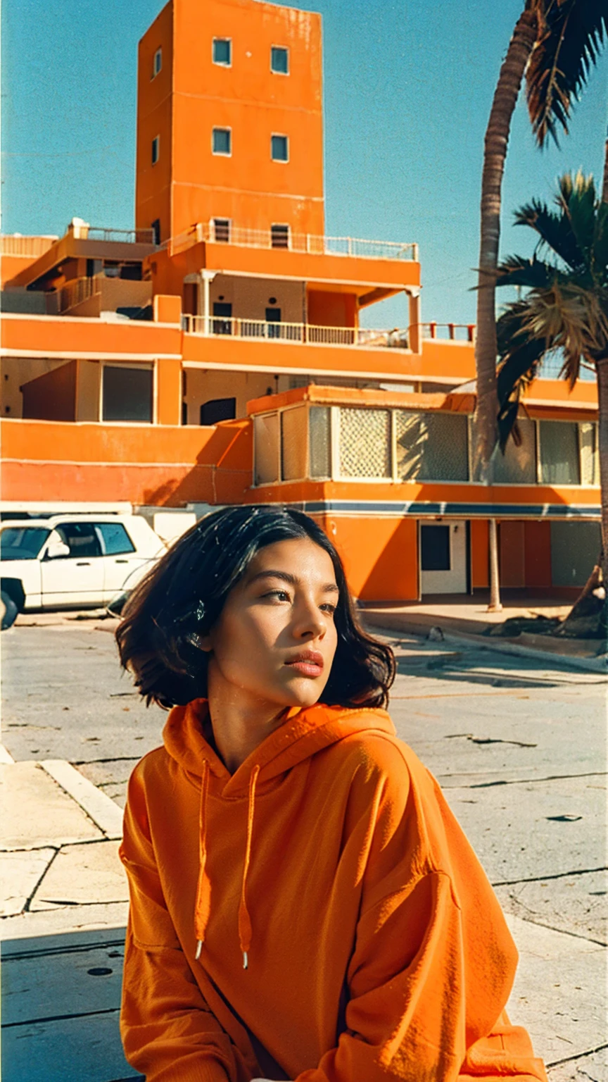 Best Quality,Masterpiece,Ultra High Resolution,(Realisticity:1.4),Original Photo, 1Girl, light leak,,wear (orange oversized hoodie),black bob hairstyles,background (80's mondrian architecture colourful motel),palm trees,sunny,summer, loooking of the camera, casual photo, los Angles vibes,(from below:1.2), (realistic:1.1), (surreal:1.2), (very detailed:1.1) 