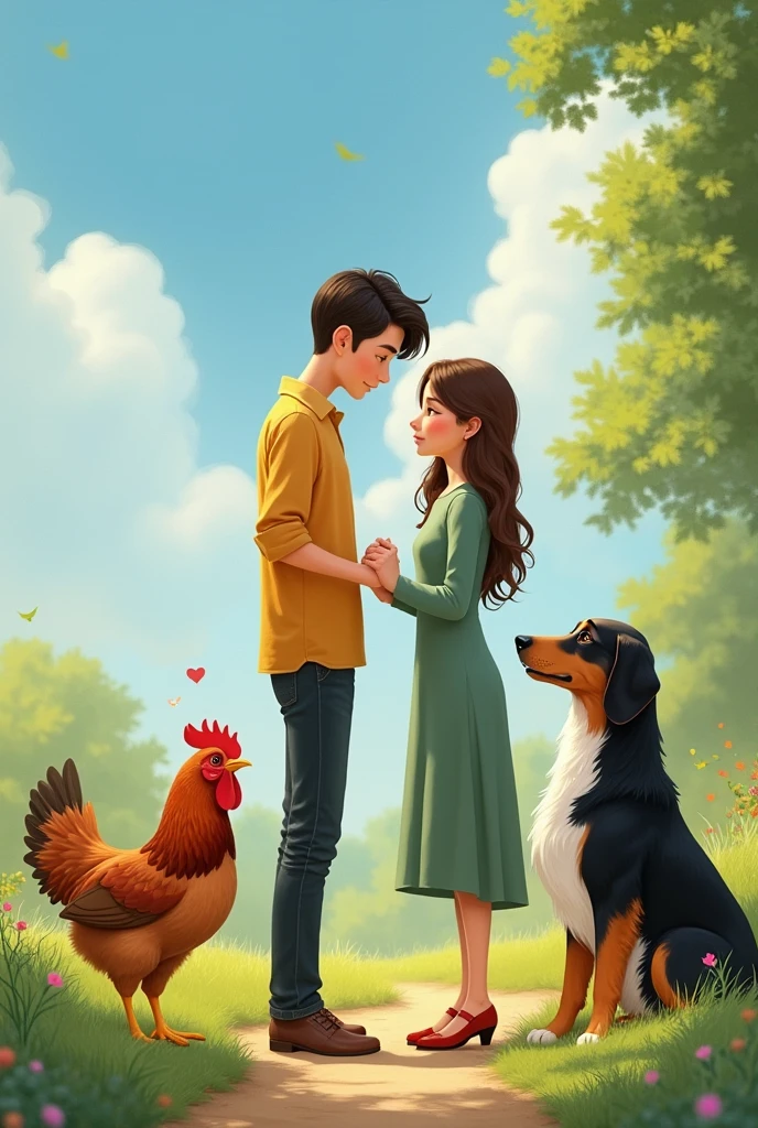 2 people holding hands, accompanied by a brown hen and two dogs, One is tall black and the other is a medium-sized white and brown dog.
