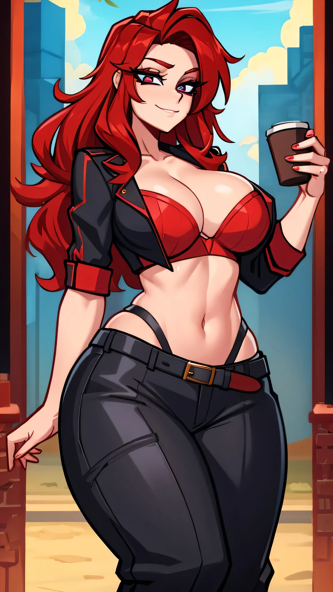  a tall, beautiful, and curvy woman with red wavy hair is depicted. She exudes happiness and sexiness, with a kind expression and striking red-tipped eyelashes. Her eye color is a captivating clear red. She is dressed in a stunning red corset top, revealing her navel, and a fitted gray pant with a black belt. Her outfit is completed by a pair of coffee-colored boots showcasing the character's detailed features and the dynamic