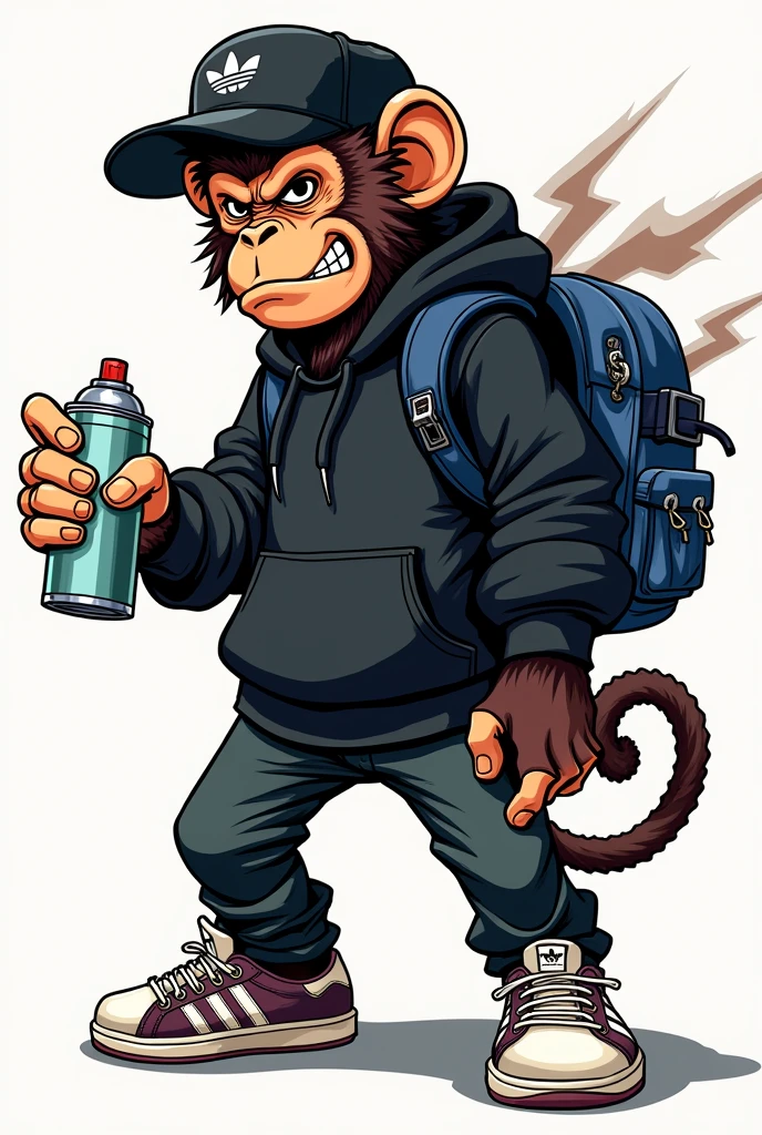 Manga style illustration of a monkey wearing a graffiti outfit and a black sweatshirt, black cap and backpack navy blue jeans rapper, In his right hand he is using a spray can and Adidas shell tennis shoes, with angry face