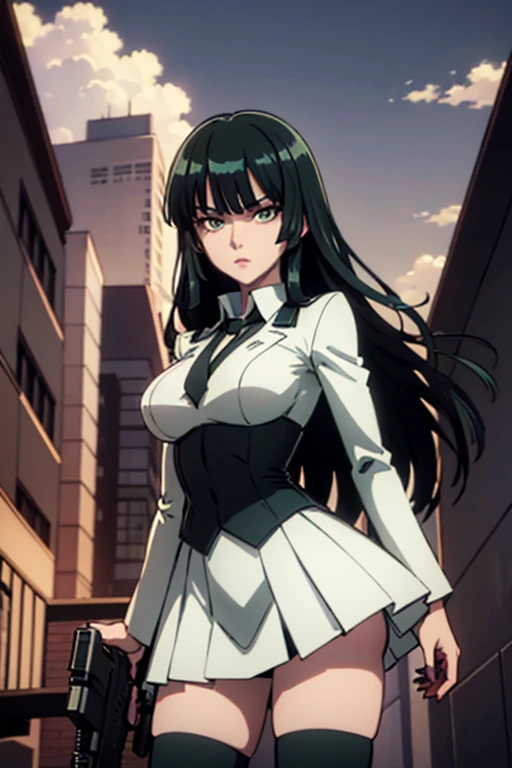 Highest quality、Ultra HD、One Woman、(Dark green long hair 1.3)、(White Suit 1.3)、(White tight skirt 1.3)、(Black tie)、(Black loafers 1.1)、((tall))、((1 who has a gun.2))、(Large Breasts)、(Black knee-highs 1.2)、(Beautiful face with sharp eyes 1.2)、40-year-old woman、Slender body、(Night city background 1.2)、((Clear and beautiful touch))