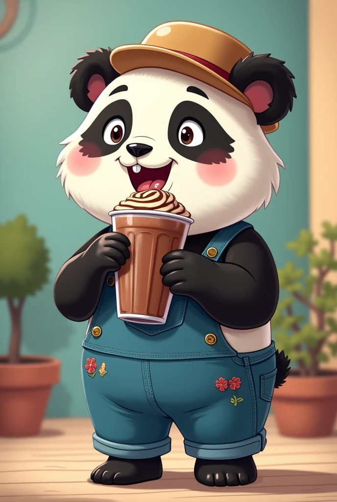Panda in overalls with chocolate frappe and hat with 2d animation