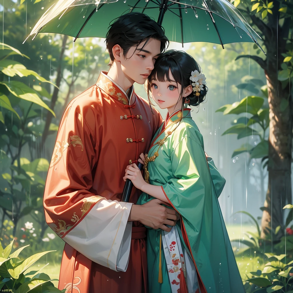 A one-year-old baby boy in an white ancient Chinese baby costume with his beautiful mother, dressed in an ancient Chinese costume, playing with each other, with his handsome father standing next to his mother, close up.

Stand holding an umbrella to protect from the rain. Rain fell and splashed around. There are water droplets falling on the leaves in the surrounding area, green and moist, the atmosphere after rain.