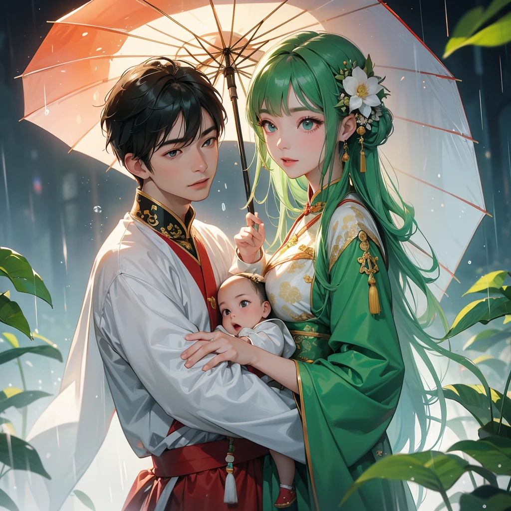 A -yead bab an white ancient Chinese baby costume wiis beautiful mother, dressed in an ancient Chinese costume, playing with each other, with his handsome father standing next to his mother, close up.
Stand holding an umbrella to protect from the rain. Rain fell and splashed around. There are water droplets falling on the leaves in the surrounding area, green and moist, the atmosphere after rain.