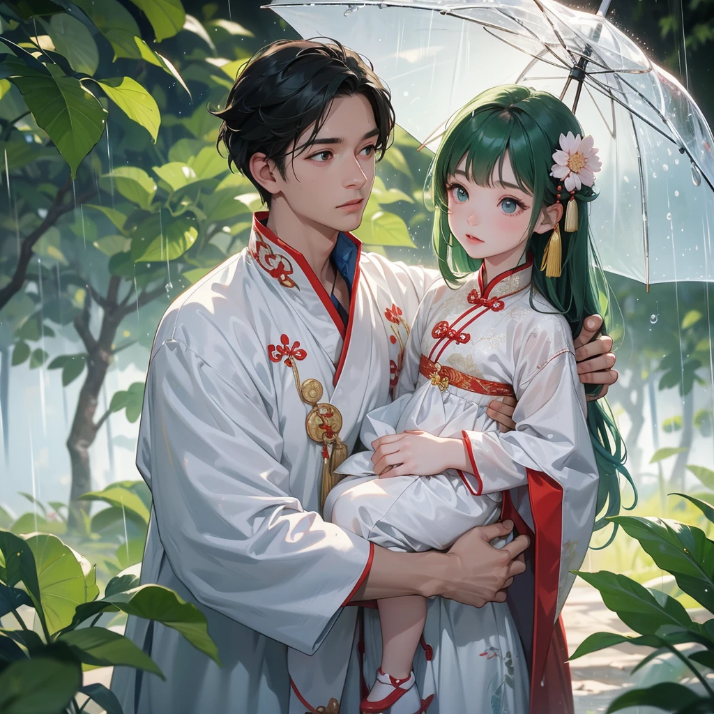 A one-year-old baby boy in an white ancient Chinese baby costume with his beautiful mother, dressed in an ancient Chinese costume, playing with each other, with his handsome father standing next to his mother, close up.
Stand holding an umbrella to protect from the rain. Rain fell and splashed around. There are water droplets falling on the leaves in the surrounding area, green and moist, the atmosphere after rain.