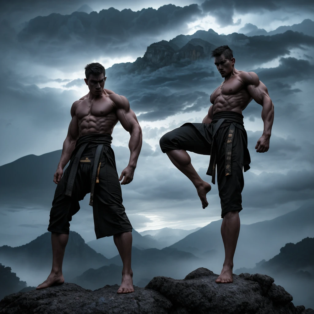 a man in pencak silat outfit, standing in front of a mountain with thunderstorm background, middle of the night, dramatic lighting, cinematic composition, highly detailed, hyper realistic, 8k, photorealistic, dark moody color palette, dramatic shadows and highlights, epic, powerful, muscular male figure, intense facial expression, dynamic pose, environmental storytelling, cinematic atmosphere