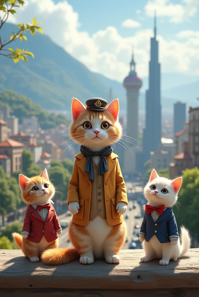 A female cat tour guide looking at the viewpoint with the three kittens dressed in clothes of a beautiful view of the city.