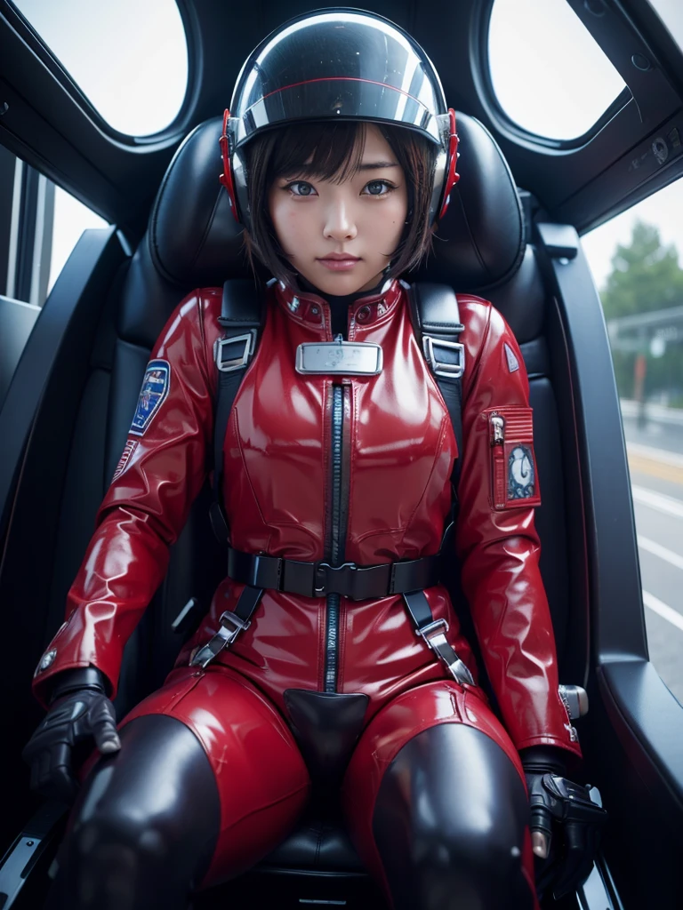 masterpiece, Highest quality, Very detailed, Japanese Android girl, Beautiful 2 Japanese woman, Plump,Control panel,Android,cyborg,Blunt bangs,Sitting in the cockpit,Red pilot suit,Strapped to the seat with a harness,Full-face helmet,