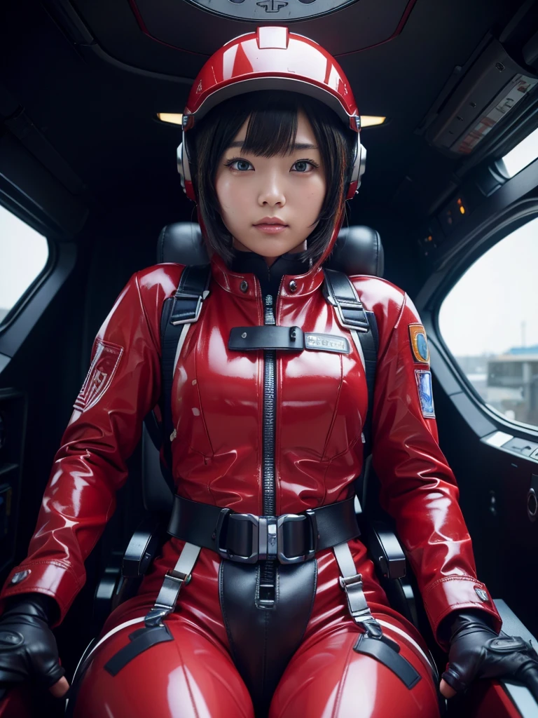 masterpiece, Highest quality, Very detailed, Japanese Android girl, Beautiful 2 Japanese woman, Plump,Big Tits,Control panel,Android,cyborg,Blunt bangs,Sitting in the cockpit and piloting,The control stick is in the center of the seat.,Red pilot suit,Secured to the seat with a harness,Full-face helmet,