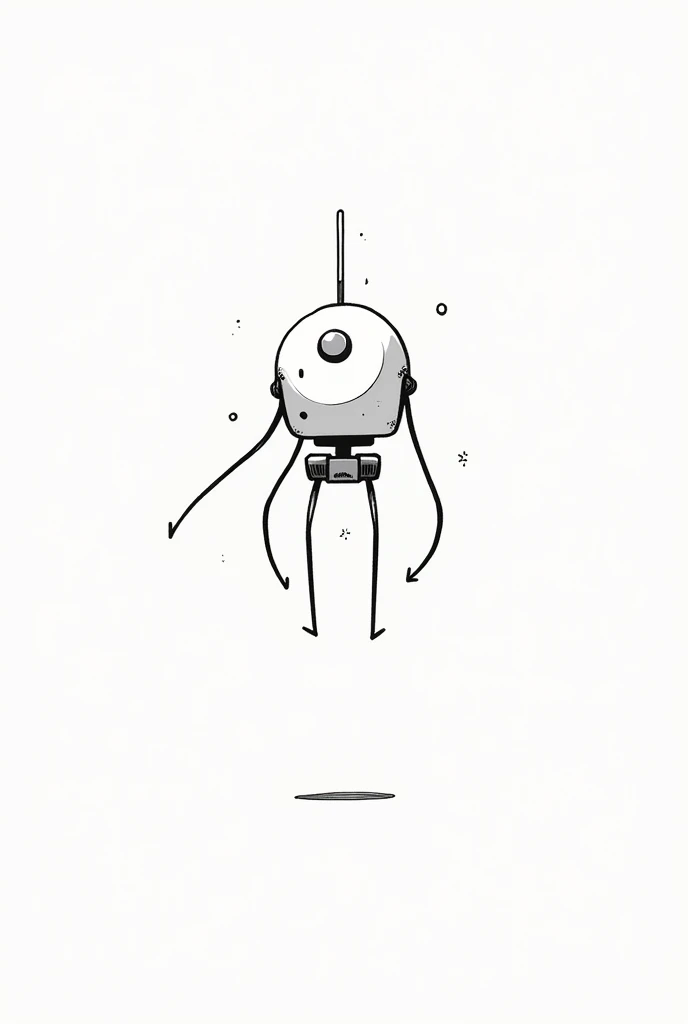 create a picture of a robot in 2D style, drawn with a black marker. The robot must be simple, composed of basic geometric figures and without much detail. frontal. Specifications: Short height and thick build.
Robot levitates in the air without wings. 
It doesn&#39;t have legs.
FLEETS WITHOUT FILLING It has only one eye that shoots a laser beam.
Their limbs are long but of simple design..
There should be no filling OR DOUBLE LINES, only outlines. frontal

