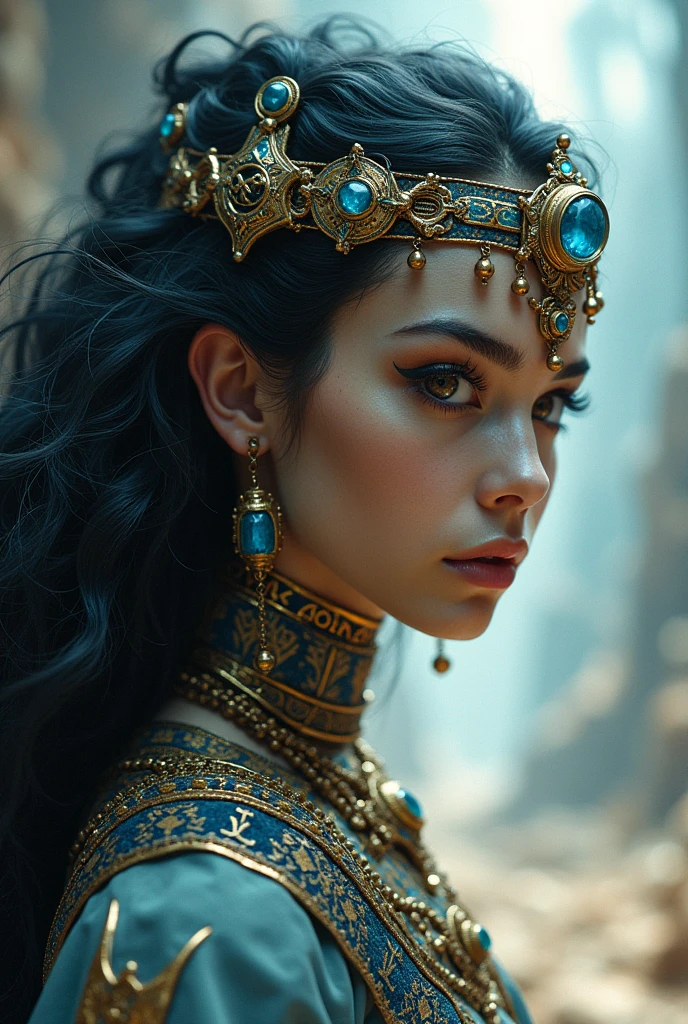 a whirlwind of souls rushing inside the metaverse, half body, brown eyes, tiara with sapphire, pharaoh, android, cyborg, cyberpunk face, d & d, fantasy, intricate, elegant, highly detailed,