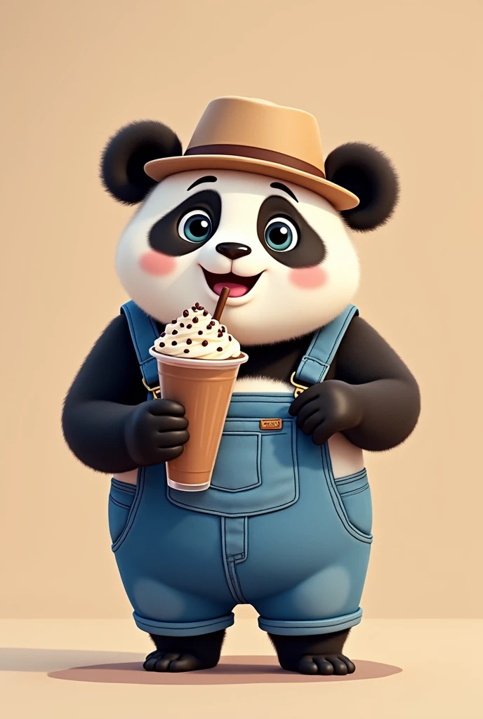 Panda in overalls with chocolate frappe and hat with 2d animation