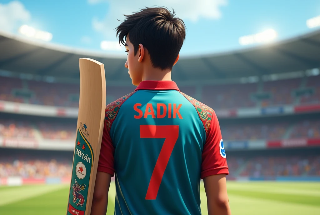 2 1  ager  wearing a bangladeshi jarsey in a cricket stadium holding cricket bat And the jarsey number is 7.Show the backside.show the name of jarsey Sadik