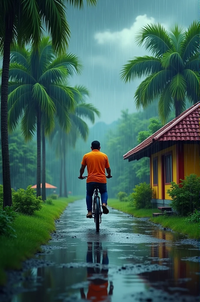 The image is a digital illustration of a person riding a bicycle on a wet road. The road is surrounded by lush greenery and palm trees. The sky is filled with dark clouds and raindrops, indicating that it is raining. The person is wearing an orange shirt and blue jeans and is riding a black bicycle. On the right side of the road, there is a small house with a red roof and a thatched roof. The ground is wet and there are puddles of water on the ground. The overall mood of the image is gloomy and rainy