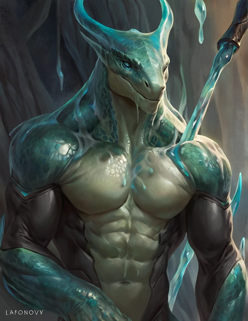 Muscular slime monster lizardfolk, slime mage, transparent body parts, topless bodysuit, comicbook style, best quality, 4k, ultra-detailed, by laobai, by taran fiddler, by honovy