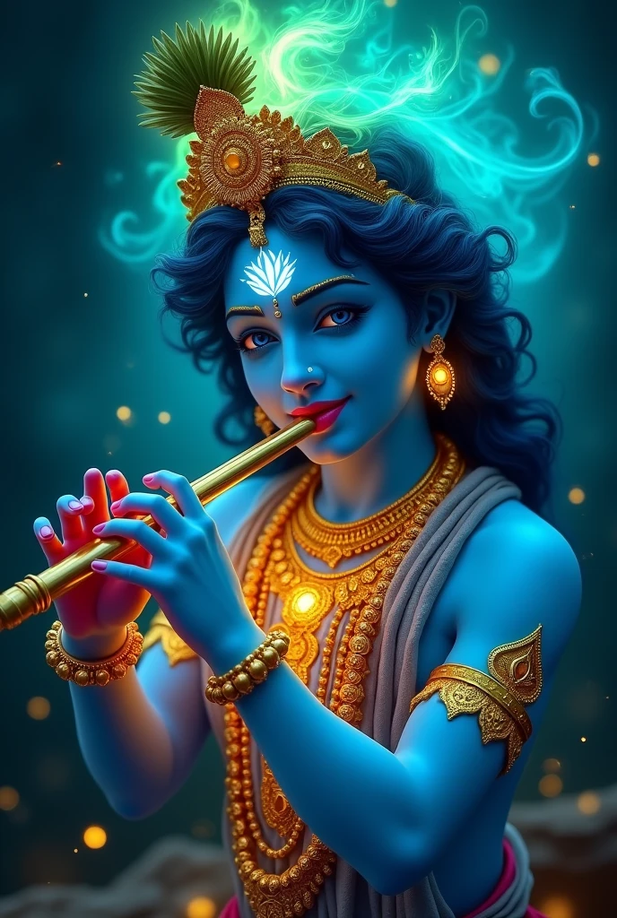 Create a vibrant, glowing portrait of shree krishna playing flute .him with flowing vibrant blue hair illuminated in deep blue tones. The figure has a calm and serene expression, with glowing blue eyes. The forehead features a bright, glowing white symbol. The figure wears a golden, ornate necklace that radiates with warm, fiery energy. Above the head, a vivid green flame or aura adds an ethereal touch to the composition. The background is dark, making the luminous colors stand out, creating a magical and otherworldly atmosphere