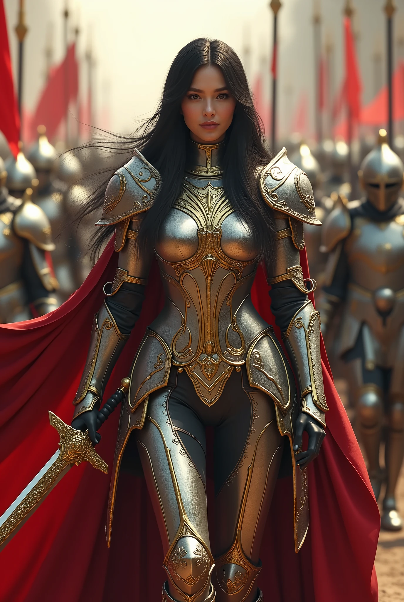 an elegant beautiful lady paladin with a long black hair wearing graceful paladin armor wielding a golden imperial ornate longsword, concept art, by Roman Bezpalkiv, silver and gold full armor, holy crusader, silver gold red details, symmetrical dieselpunk warrior, shadowverse character concept, detailed full body concept, fully clothed in beautiful ladylike armor, retro armor, full body concept, from warcraft, templar, photorealistic, marching army background, octane render