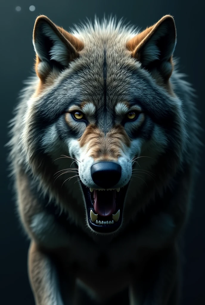 A ferocious alpha wolf, howling directly at the camera, hyper-realistic, close-up, detailed,alpha wolf,howling wolf,front facing wolf,hyperrealistic,closeup,detailed fur,intense eyes,bared teeth,dramatic lighting,cinematic composition,dramatic background, "Alpha c0ders" text overlay scene, wolf paw print textures