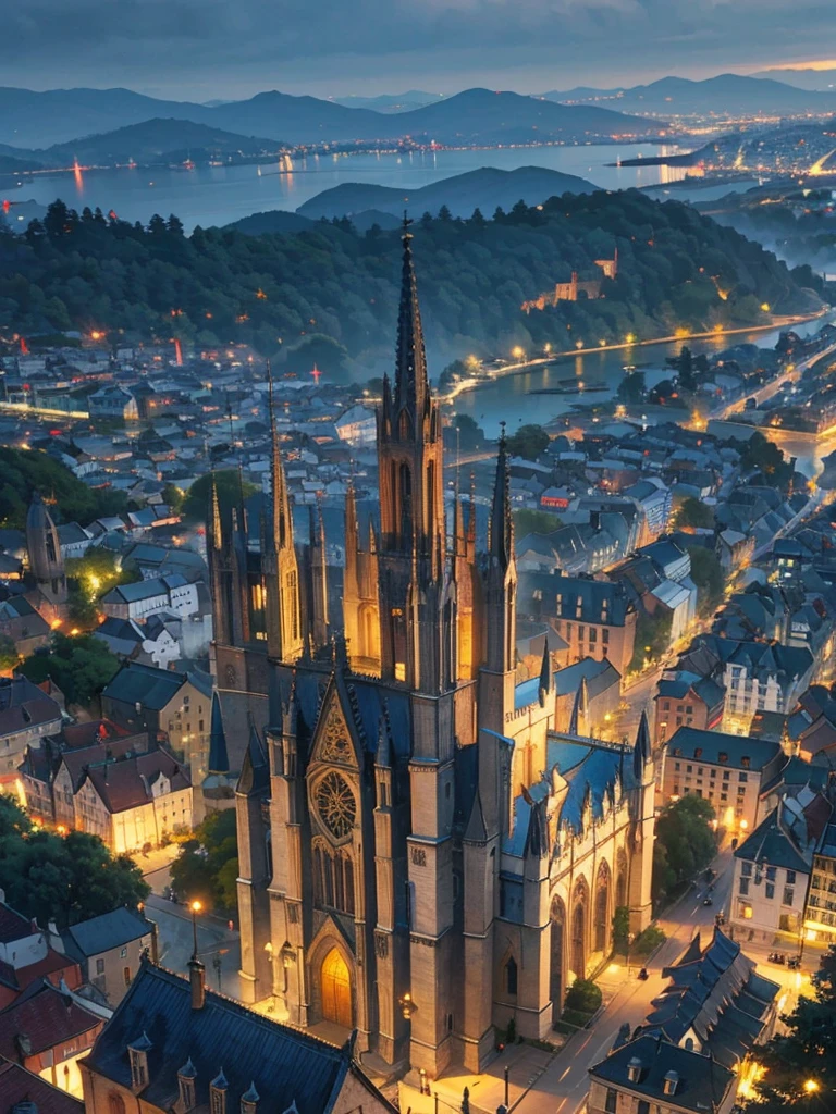 arafed view of a cathedral with a clock tower and a river, Germany. wideshot, by Werner Gutzeit, by Jakob Gauermann, shot from drone, by Emanuel Büchel, Seen from above, 4k drone photography, majestic spires, drone photography, drone view of a city, View from above, shot from drone, Shot from above