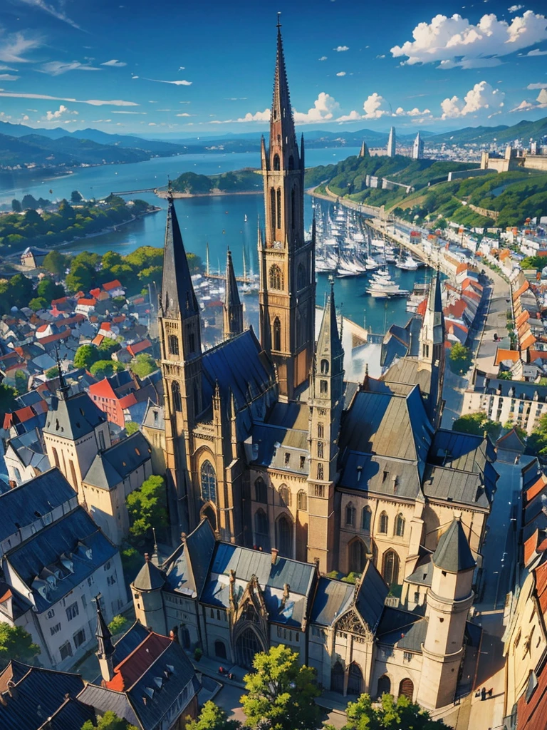 A medieval town、、View of the city from above、I can see a huge cathedral