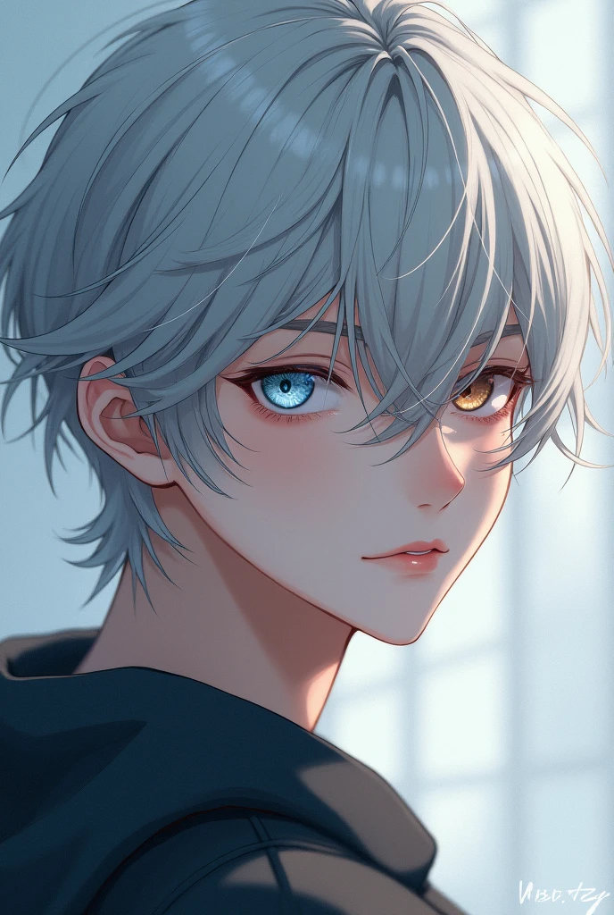 heterochromia＋Right eye color Left eye color Silver hair Young man
