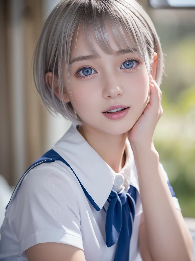 NSFW,(A portrait of a young cutie beautiful girl in school uniform:1.5), with a bright expression, glowing white skin,break,shimmering cheek, small face,(best looks:1.5),break,(silver short hair:1.5),break,(shimmering clear alluring bright large pale blue eyes,downturned eyes,charming eyes,balanced eyes,eyeliner,charming smile,perfect bust:1.25),masterpiece,photorealistic, 16k, high quality, masterpiece,realistic portrait,high resolution fix,(Ecstasy,Orgasm face,sexual climax:1.25)