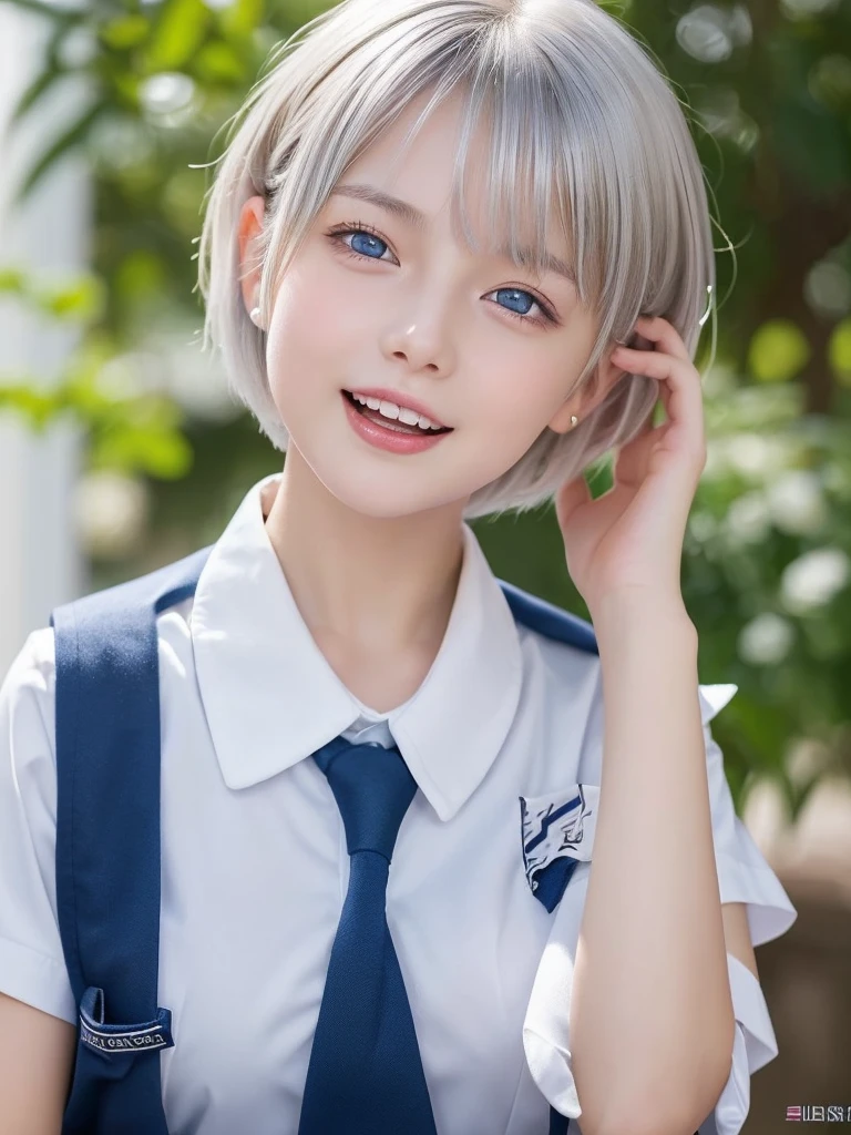 NSFW,(A portrait of a young cutie beautiful girl in school uniform:1.5), with a bright expression, glowing white skin,break,shimmering cheek, small face,(best looks:1.5),break,(silver short hair:1.5),break,(shimmering clear alluring bright large pale blue eyes,downturned eyes,charming eyes,balanced eyes,eyeliner,charming smile,perfect bust:1.25),masterpiece,photorealistic, 16k, high quality, masterpiece,realistic portrait,high resolution fix,(Ecstasy,Orgasm face,sexual climax:1.25)