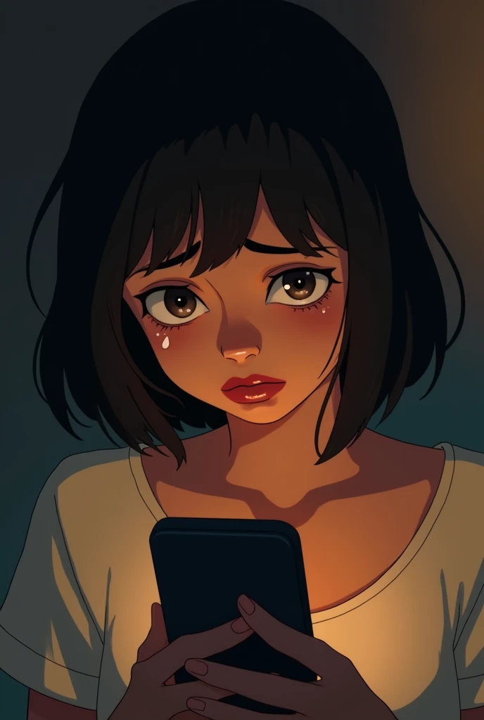 A brown girl with black hair,straight short with bangs discovered a betrayal through her boyfriend&#39;s cell phone,realisitic,The girl&#39;s lips are smudged from crying so much