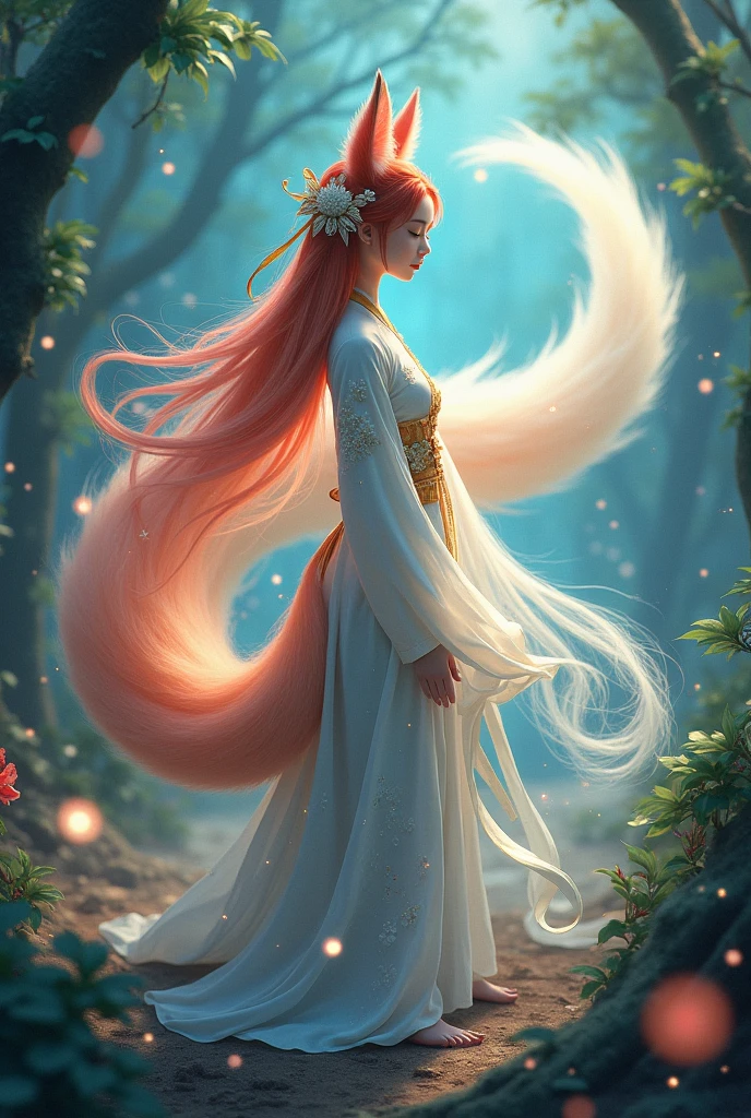 A captivating nine-tailed fox girl, adorned in a delicate and elegant hanbok, gracefully poses amidst a whimsical, enchanted forest. Her vibrant, fantastical tail unfurls behind her, shimmering with iridescent hues. The hanbok, adorned with intricate floral patterns, adds a touch of traditional beauty to her ethereal presence. The forest, filled with luminescent flora and fauna, creates a magical backdrop for this enchanting scene.