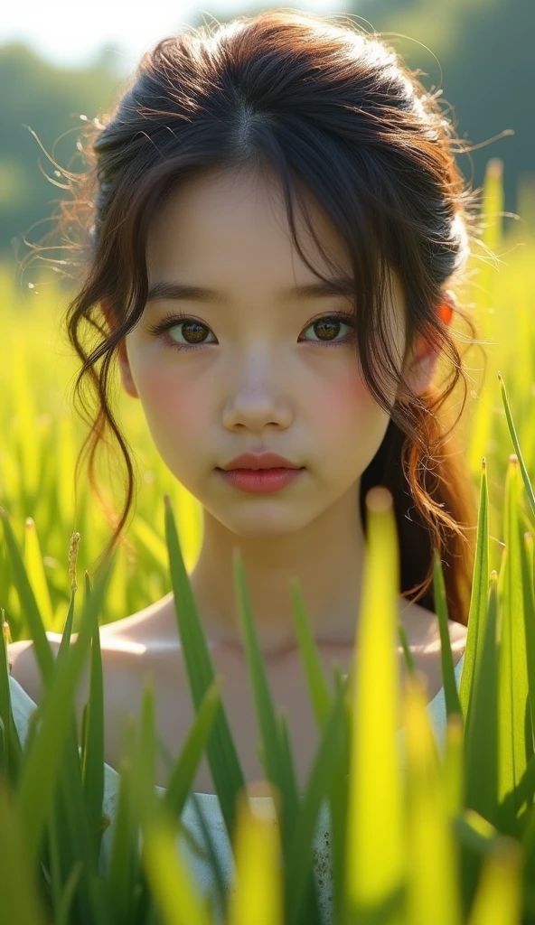 a girl wearing a straw hat in a rice field, beautiful detailed eyes, beautiful detailed lips, extremely detailed eyes and face, long eyelashes, serene expression, natural lighting, warm tones, lush greenery, tranquil atmosphere, (best quality,4k,8k,highres,masterpiece:1.2),ultra-detailed,(realistic,photorealistic,photo-realistic:1.37),landscape,soft focus,glowing light,vibrant colors