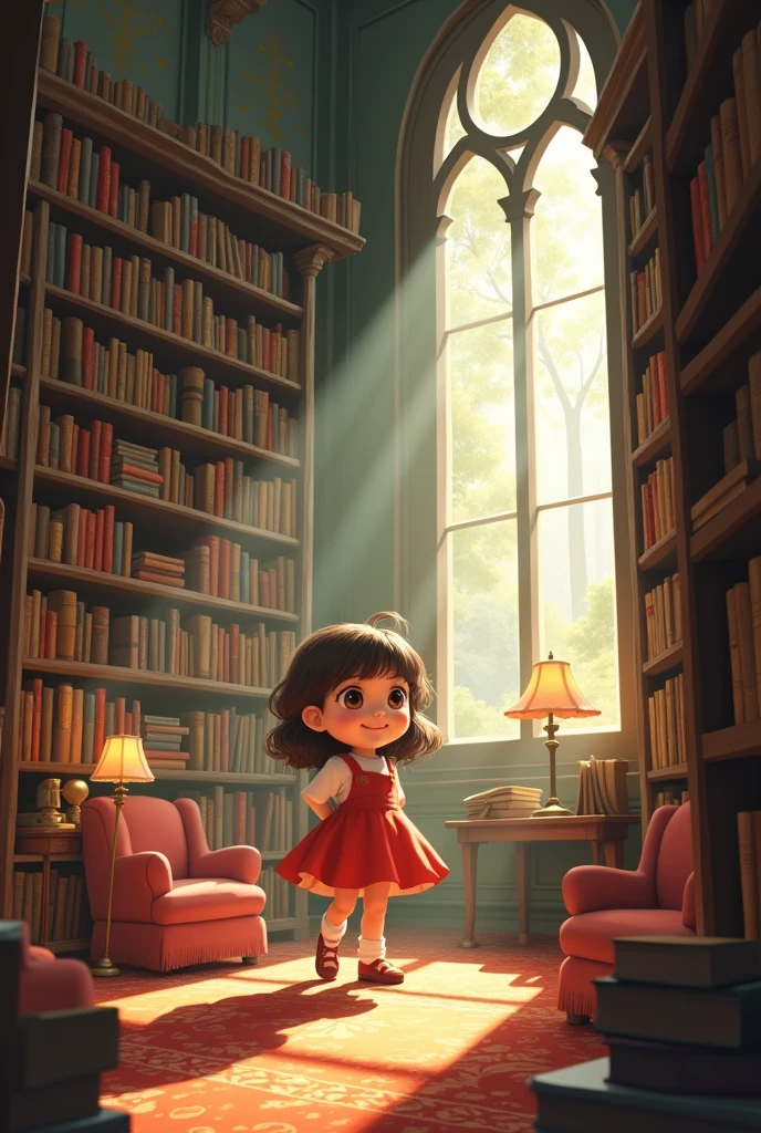 Create a cute young girl in a library
