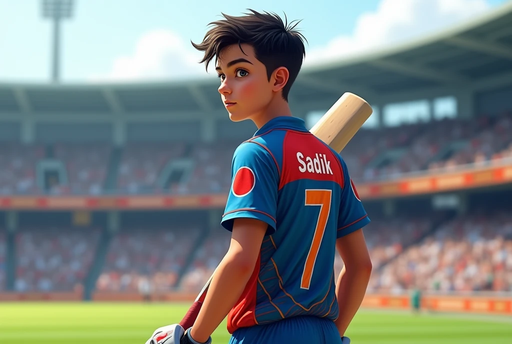 2 1 teen ager wearing a bangladeshi jarsey in a cricket stadium holding cricket bat And the jarsey number is 7.Show the backside.show the name of jarsey Sadik