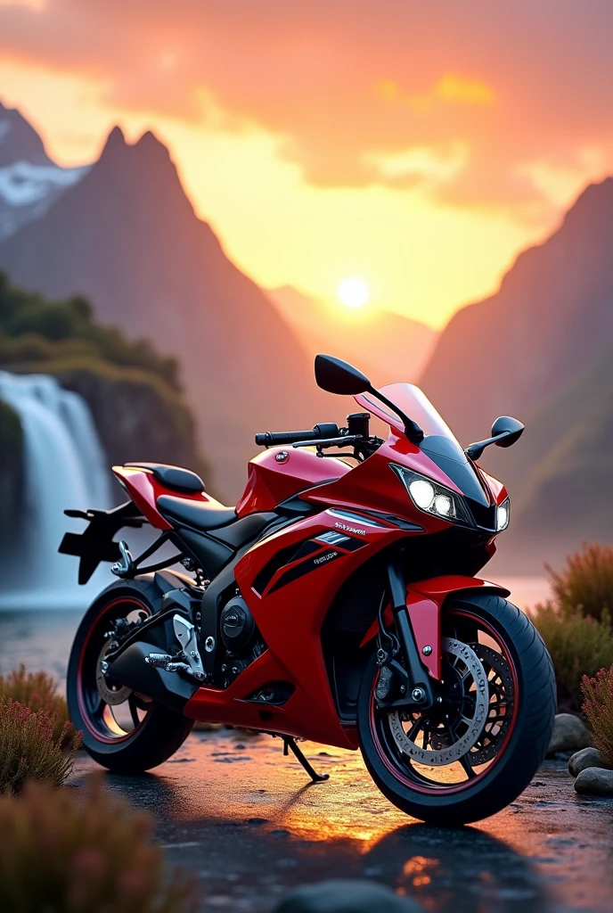 R15 version 3 bike in sunset and waterfall and mountain view