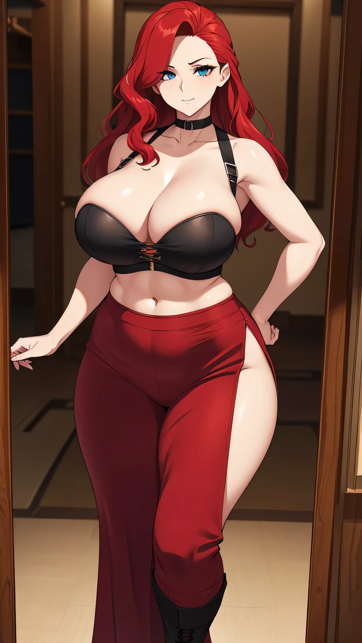 a tall, beautiful, and curvy woman with red wavy hair is depicted. She exudes happiness and sexiness, with a kind expression and striking red-tipped eyelashes. Her eye color is a captivating clear red. She is dressed in a stunning red corset top, revealing her navel, and a fitted gray pant with a black belt. Her outfit is completed by a pair of coffee-colored boots showcasing the character's detailed features and the dynamic