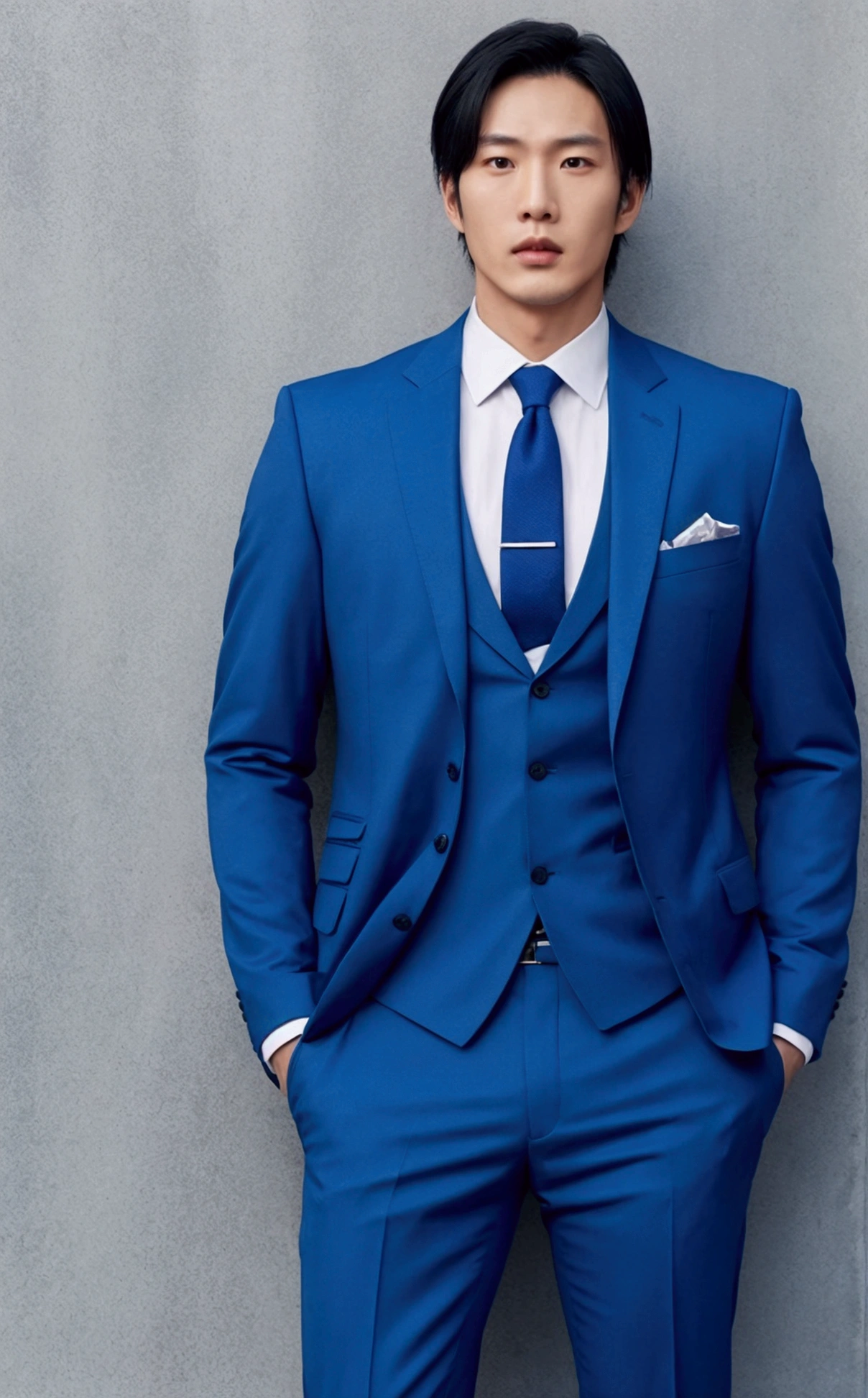 A man wearing a blue suit, no tie, Asian appearance.