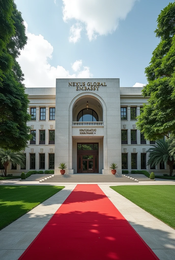 A wonderful and luxurious building, it's on it's own with large compound with trees and Grass with Singaporean architecture and the words Nexus Global Embassy fully exposed on the building separate concrete with red carpet on the entrance with a good full view and angle .Expose the words Nexus Global Embassy on the concrete fully I can't see the words and the driveway the spelling is wrong 