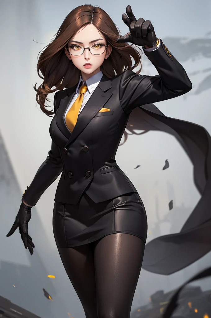 masterpiece, best quality, brown hair, sfKolin, glasses, black shiny skirt suit, (((three-piece suit))), necktie, blazer, suit jacket, waistcoat, bodycon skirt, night, black gloves, holding clipboard, looking at viewer, high heels, yellow eyes, 銃