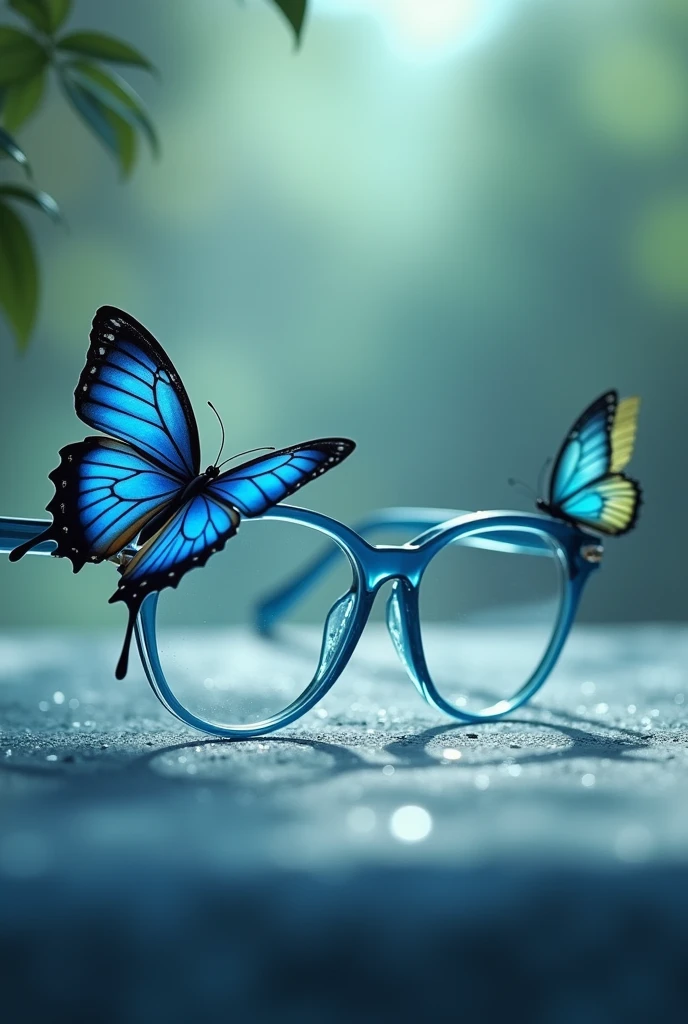 Blue glasses with a small butterfly on the temple