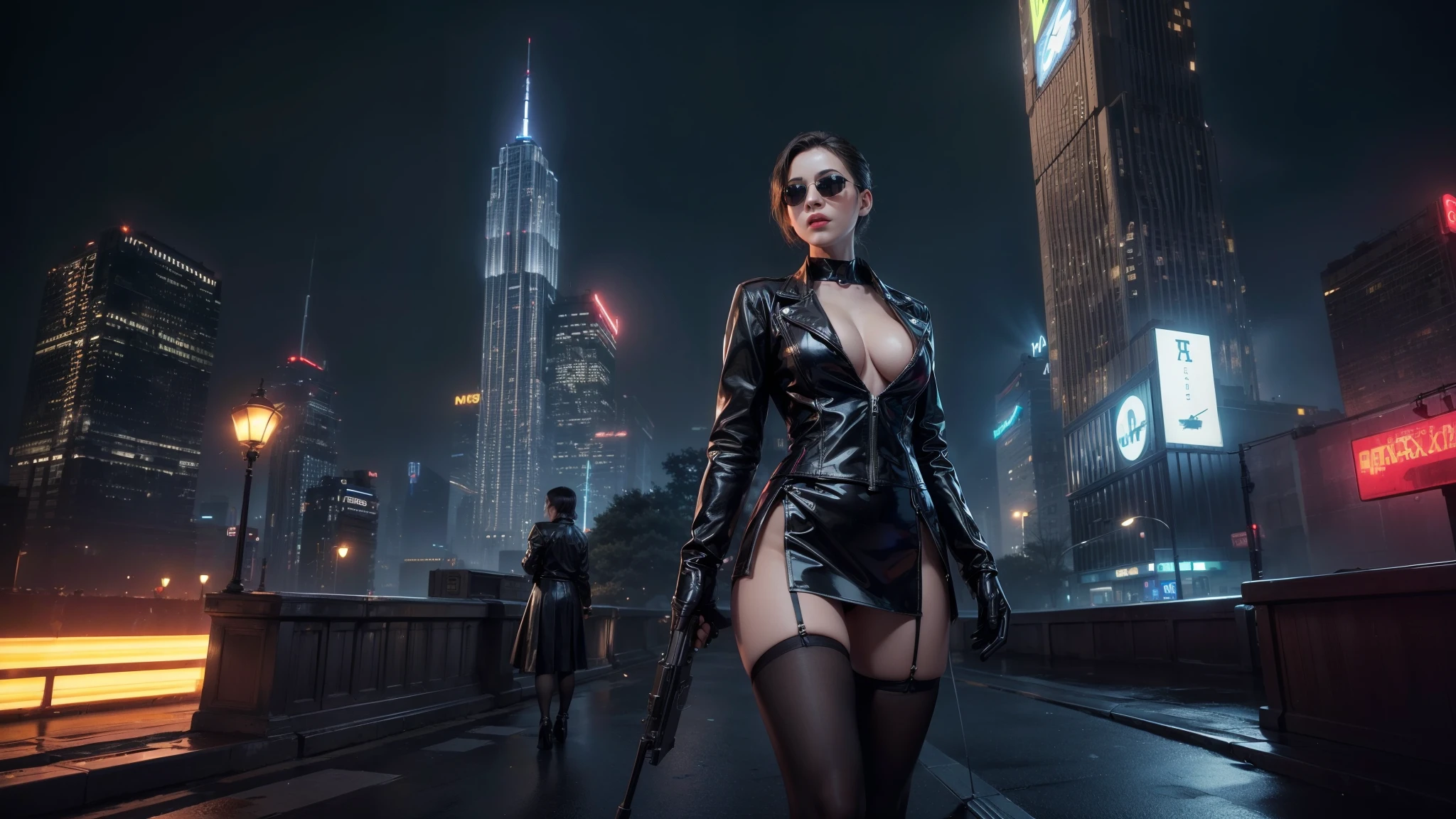 (Wide angle view). Matrix film inspired 1930s New York city, simple outlined neon tall buildings, glowing giant clock tower, cars, lightning, 3D rendering Beeple, Matrix-like glowing cascading code. At night, (1girl, solo, alone), photorealistic, medium-breast slim:0.6 body, oval:0.5 face, cleavage:1.1, sexy costume with deep-v, very low angle view of pleated miniskirt, white laced panty, ((upskirt)), glove, (Matrix style black micro sunglasses), ((aiming viewer with a short gun)), (half-body thigh level close-up shot), cinematic lighting, ray tracing.