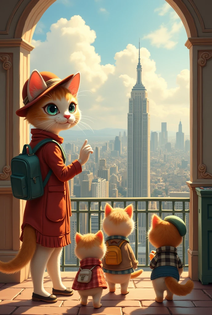 A female cat tour guide looking from behind the viewing platform with the three kittens dressed in clothes of a beautiful view of the city.