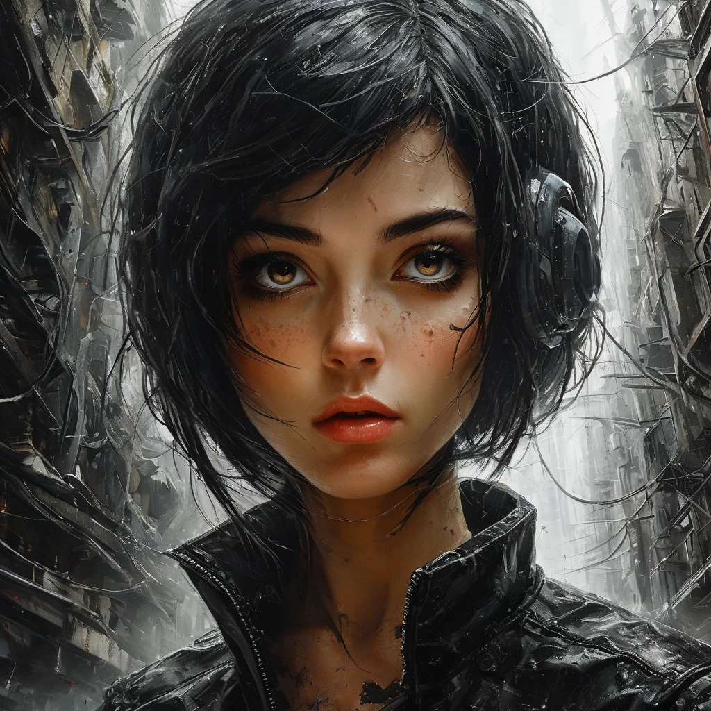 Shocking painting of a dystopian image of a woman with short dark hair, with a calm gaze , highly detailed,   8k,   sharp,  professional, Clear,   high contrast, high saturated, , Deep, intense blacks, crystal Clear