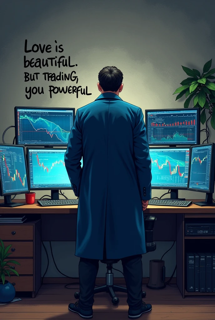 Computer and trading man stock market  and bit coin  and bill strategy and setup five computerthat man's blue coat pants and big face and small house  The writing on the wall is love is beautiful but trading is powerful