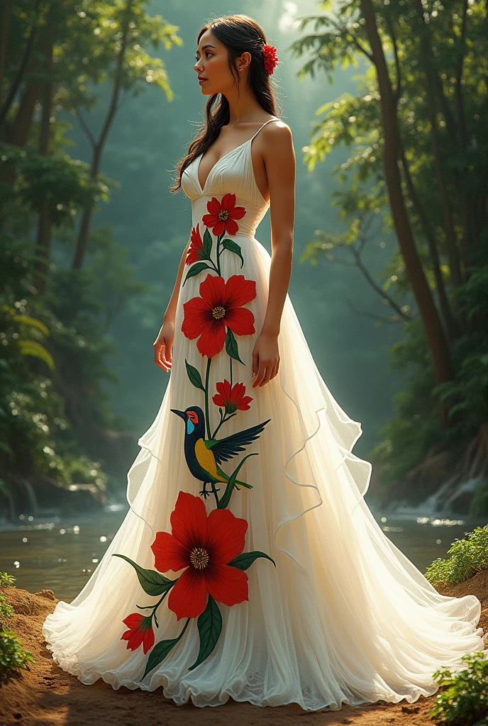 Long white dress with the red guara of Honduras, a hummingbird and toucan painted on the dress.
