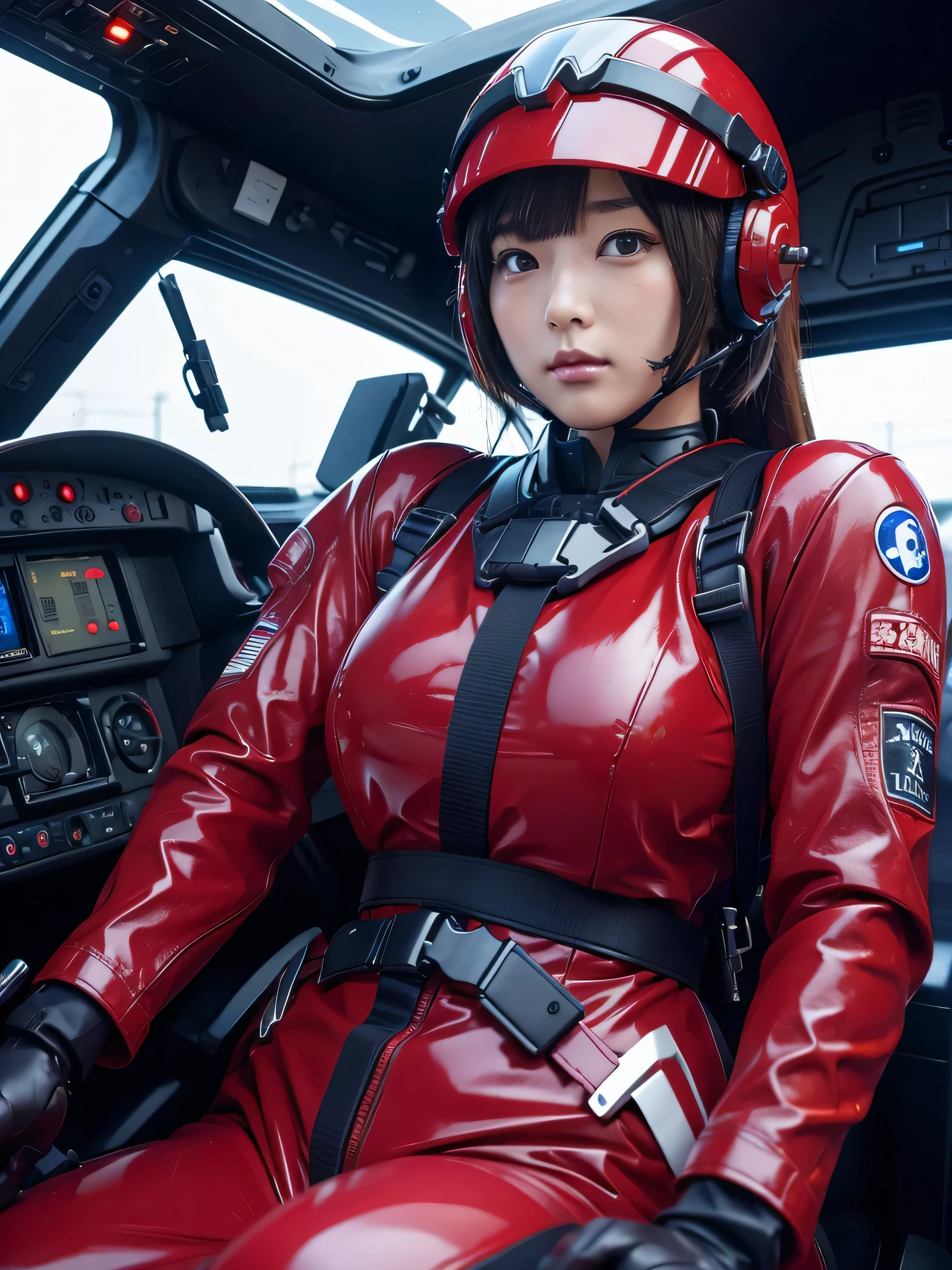 masterpiece, Highest quality, Very detailed, Japanese Android girl, Beautiful 2 Japanese woman, Plump,Control panel,Android,cyborg,ponytail,Blunt bangs,Sitting in the cockpit,Red pilot suit,Strapped to the seat with a harness,