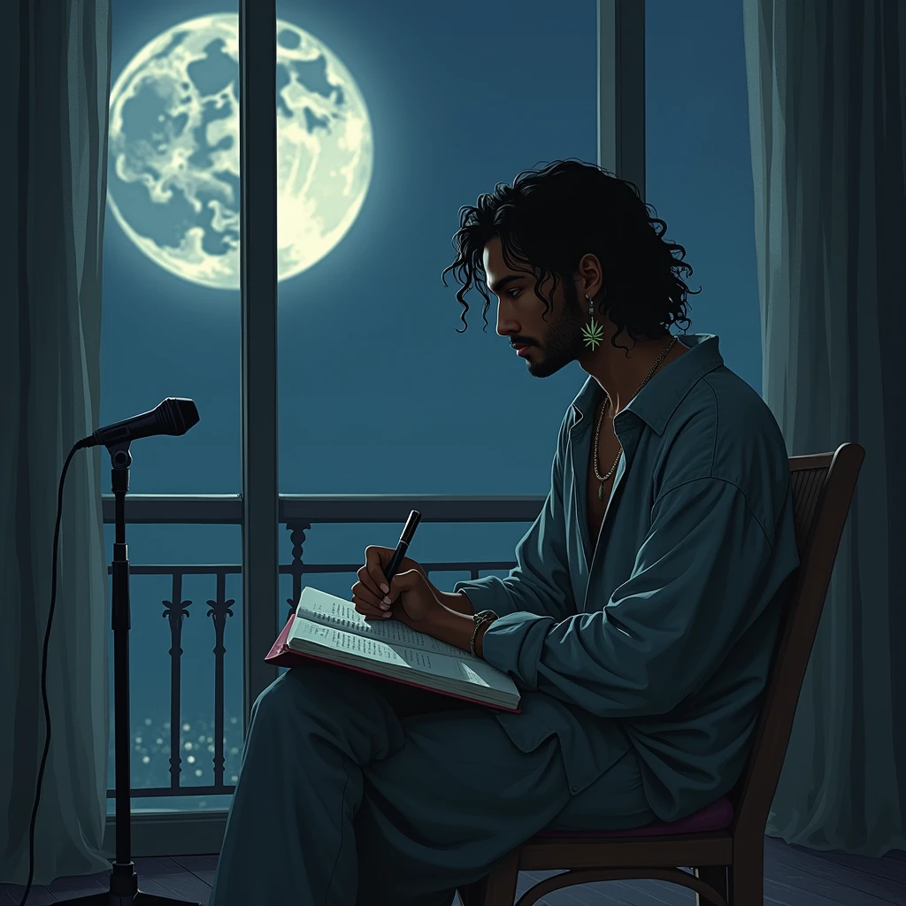 Generates an image of a dark-skinned man with long, wavy hair, sitting alone on a chair by his balcony. The man is immersed in the creation of poems, with a pen in his hand and an open notebook on his knees. The scene takes place on a calm night., illuminated by the light of a full moon visible through a large window. This soft, silver light bathes the room, casting subtle shadows that add depth and mystery to the scene. The man wears oversized clothing that hangs slightly from his body, emphasizing her relaxed and bohemian style. A dangling earring in the shape of a marijuana leaf shines on her ear, Capturing attention as a distinctive detail. at your side, A stand microphone is ready, suggesting that his words could be spoken aloud at any time. besides, A female shadow is perceived in the room, diffuse but present, which adds an air of enigma and emotional depth. At the top of the image, The title 'Moongirl' should be written in large letters, with a worn and aged style, as if they had been stamped long ago, bringing a touch of nostalgia and melancholy to the overall composition