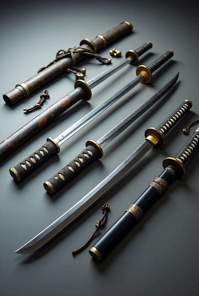 Katana completely disassembled into pieces, each one disassembled one next to the other muramasa shinken iaido iaito 