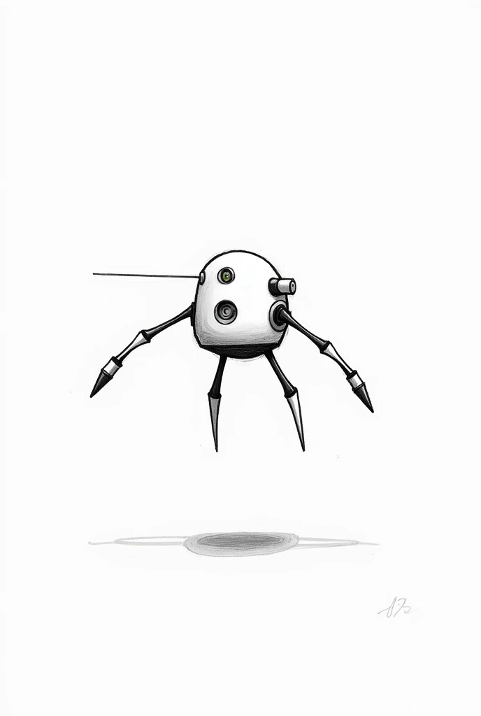 create a picture of a robot in 2D style, drawn with a black marker. The robot must be simple, composed of basic geometric figures and without much detail. frontal. Specifications: Short height and thick build.
Robot levitates in the air without wings. 
It doesn&#39;t have legs.
FLEETS WITHOUT FILLING It has only one eye that shoots a laser beam.
Their limbs are long but of simple design..
There should be no filling OR DOUBLE LINES, only outlines. frontal
